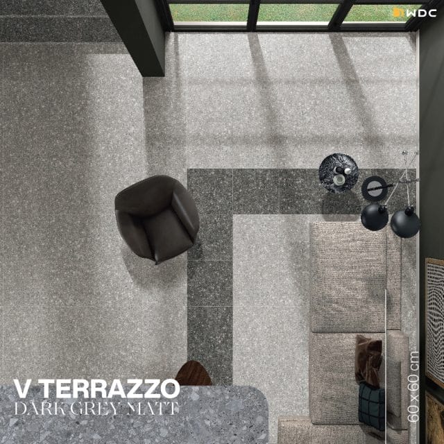 กระเบื้องพอร์ซเลนลายหินขัดสีเทา รุ่น V Terrazzo ปูพื้นห้องนั่งเล่น
